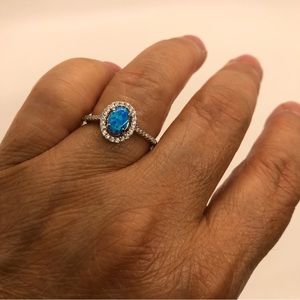 Sterling Silver 925 Blue Lab Opal Clear CZ  Oval Ring Size 8